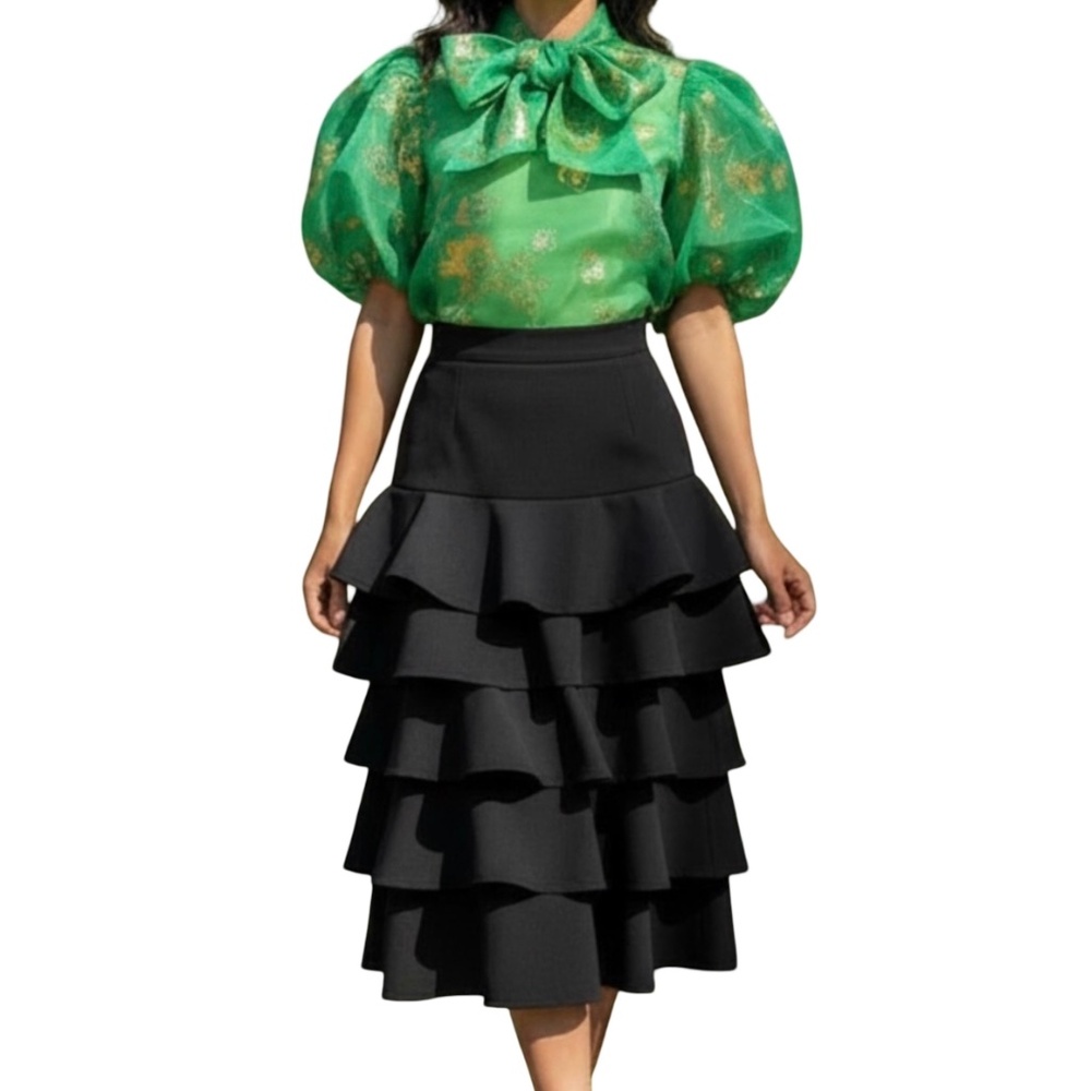 #A117 Nancy Sheer Luxe Green & Gold Organza Puff Sleeve Top NWT L - Picture 1 of 14